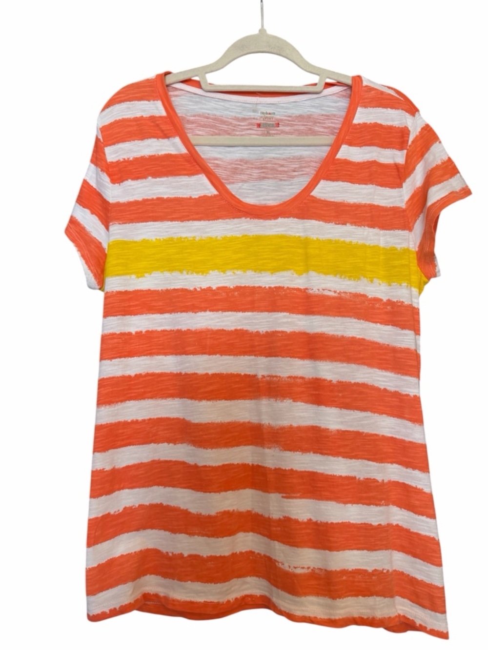 Style & Co Sport Women’s Scoop Neck Orange & White Stripe Tee with Yellow Accent